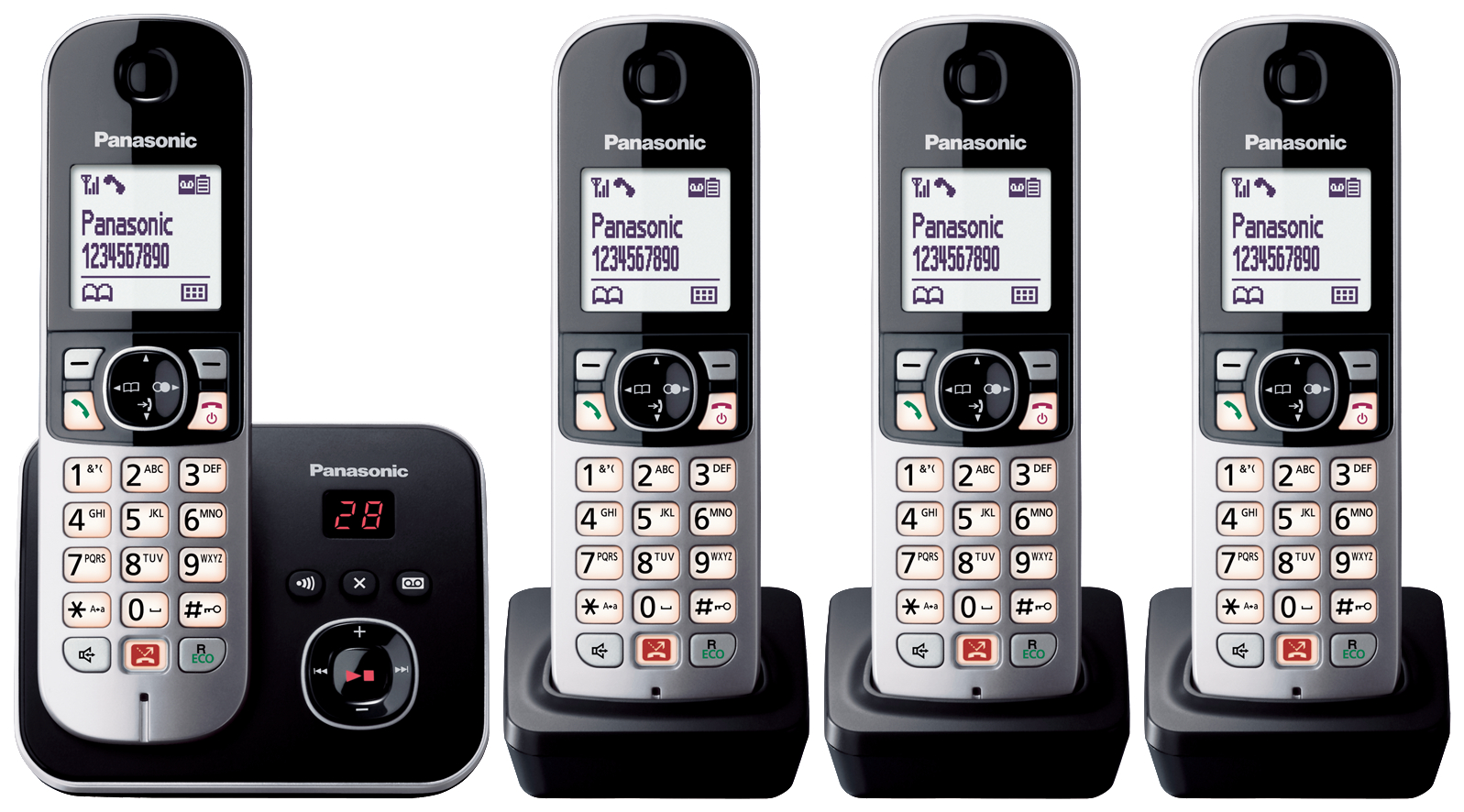 Vier schnurlose Telefone auf ihren Basen. Das Telefon hat ein schwarz-silbernes Design und ein Display.