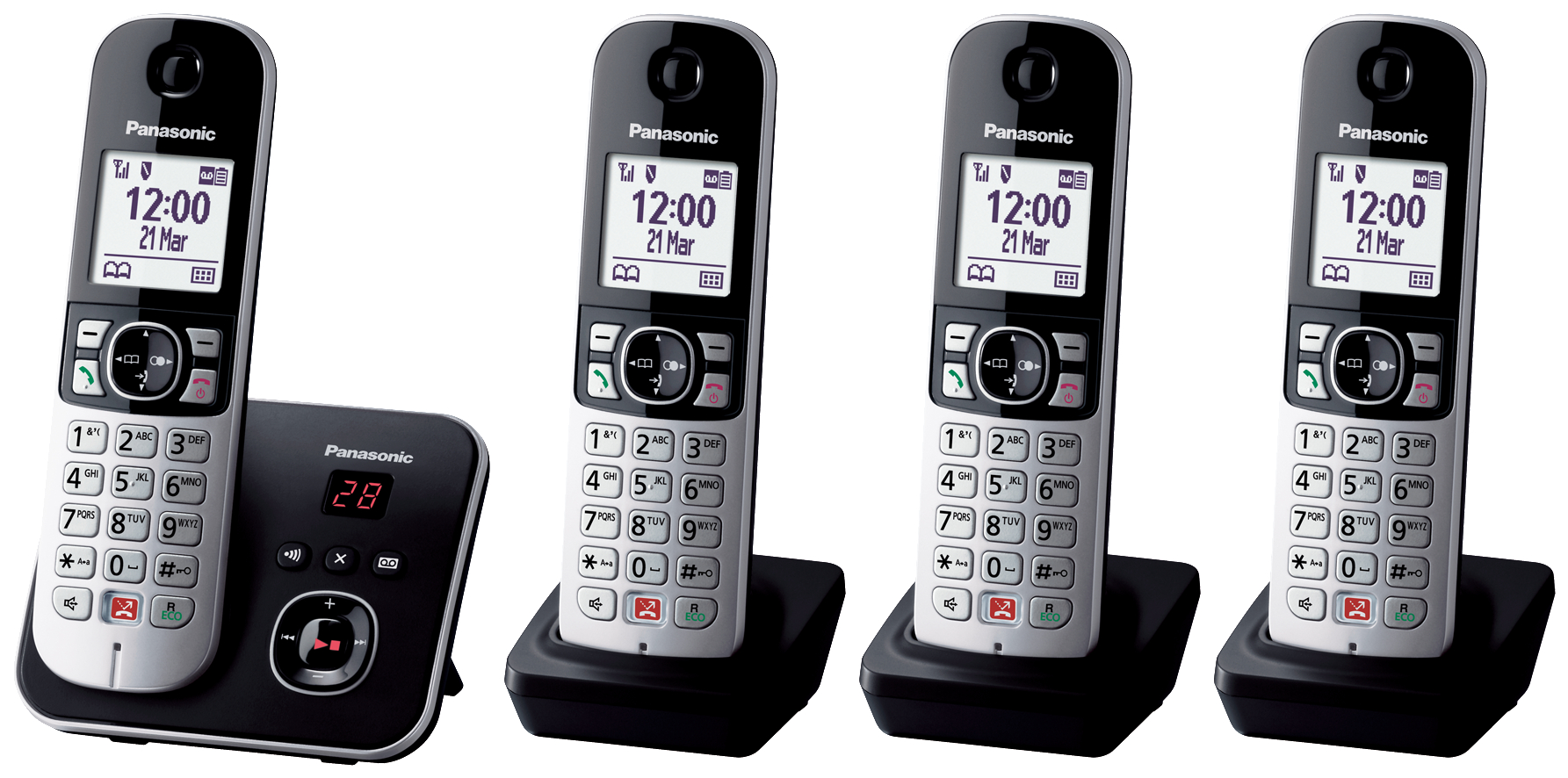 Vier schnurlose Panasonic-Telefone und eine Basisstation. Sie sind schwarz und silber.