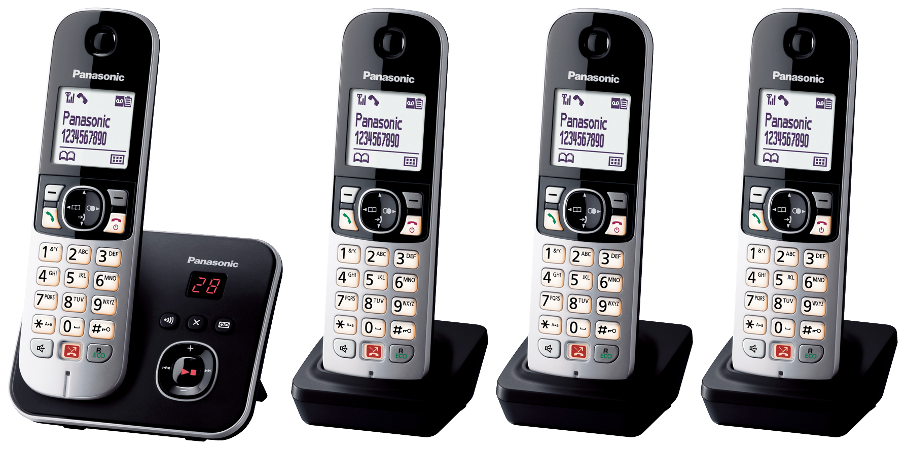 Vier schnurlose Telefone auf Ladegeräten. Jedes hat einen Bildschirm mit einer Telefonnummer.