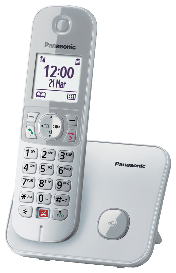 Weißes schnurloses Telefon auf weißer Basis. Das Display zeigt Zeit und Datum an. Knöpfe.