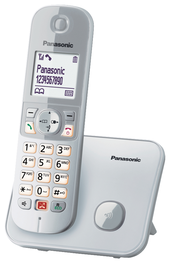 Schnurloses Panasonic Telefon und Basis. Weiße Farbe. Nummer auf dem Bildschirm, weißer Hintergrund.