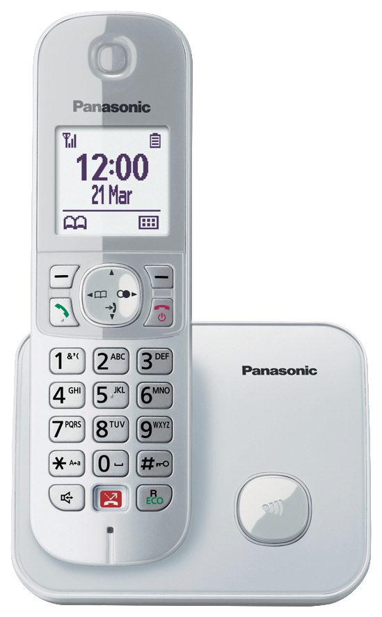 Weißes schnurloses Panasonic-Telefon mit Basis. Anzeige zeigt Uhrzeit und Datum.