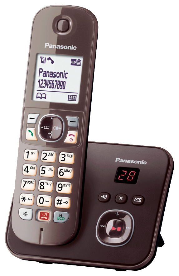 Ein braunes schnurloses Panasonic-Telefon und seine Basis. Das Telefon zeigt Zahlen und Text.