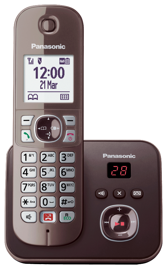 Ein schnurloses Telefon mit Basisstation. Der Bildschirm zeigt Zeit und Datum.