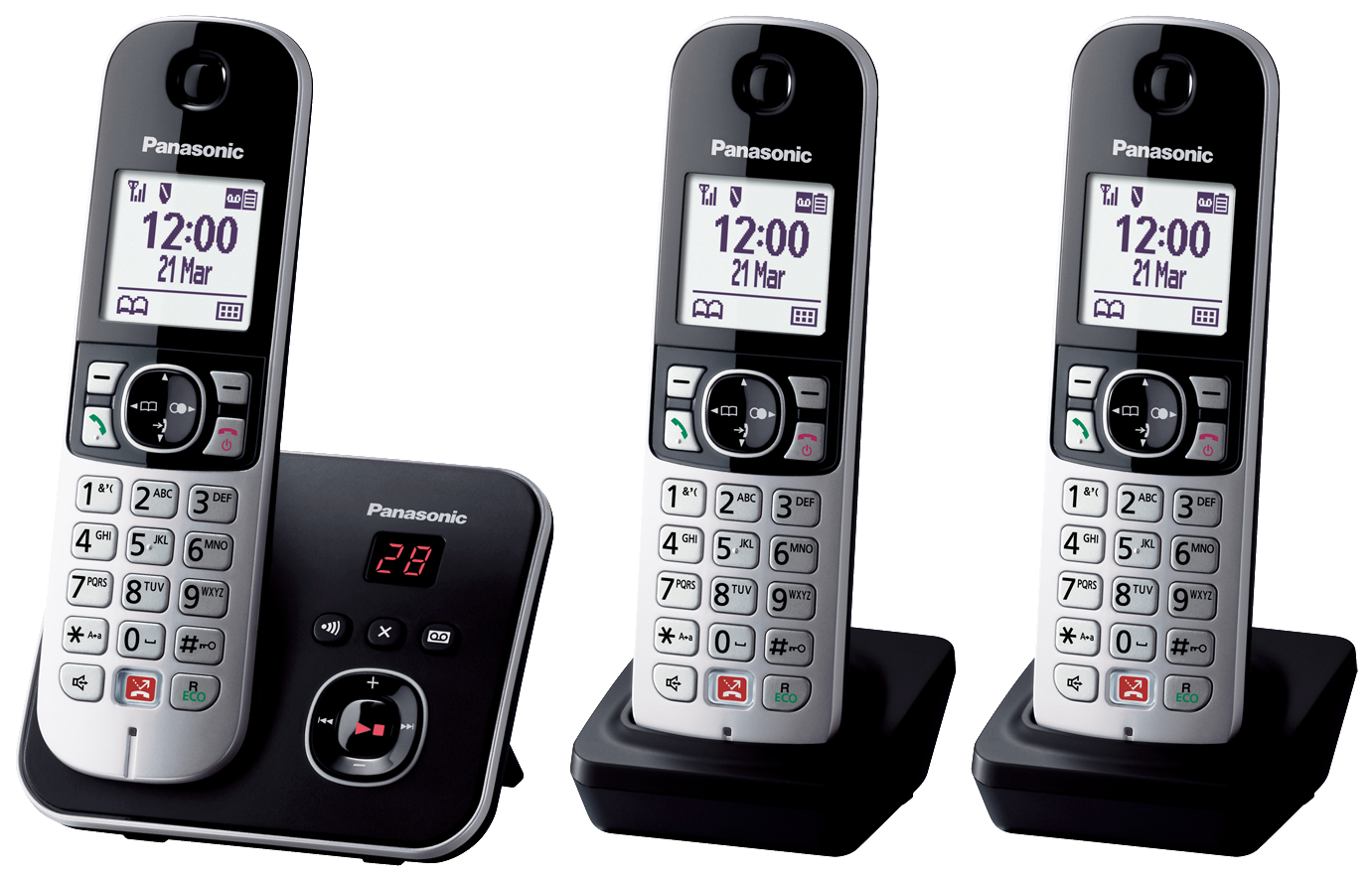 Drei schnurlose Panasonic-Telefone und eine Basisstation mit Anzeige von Datum und Uhrzeit.