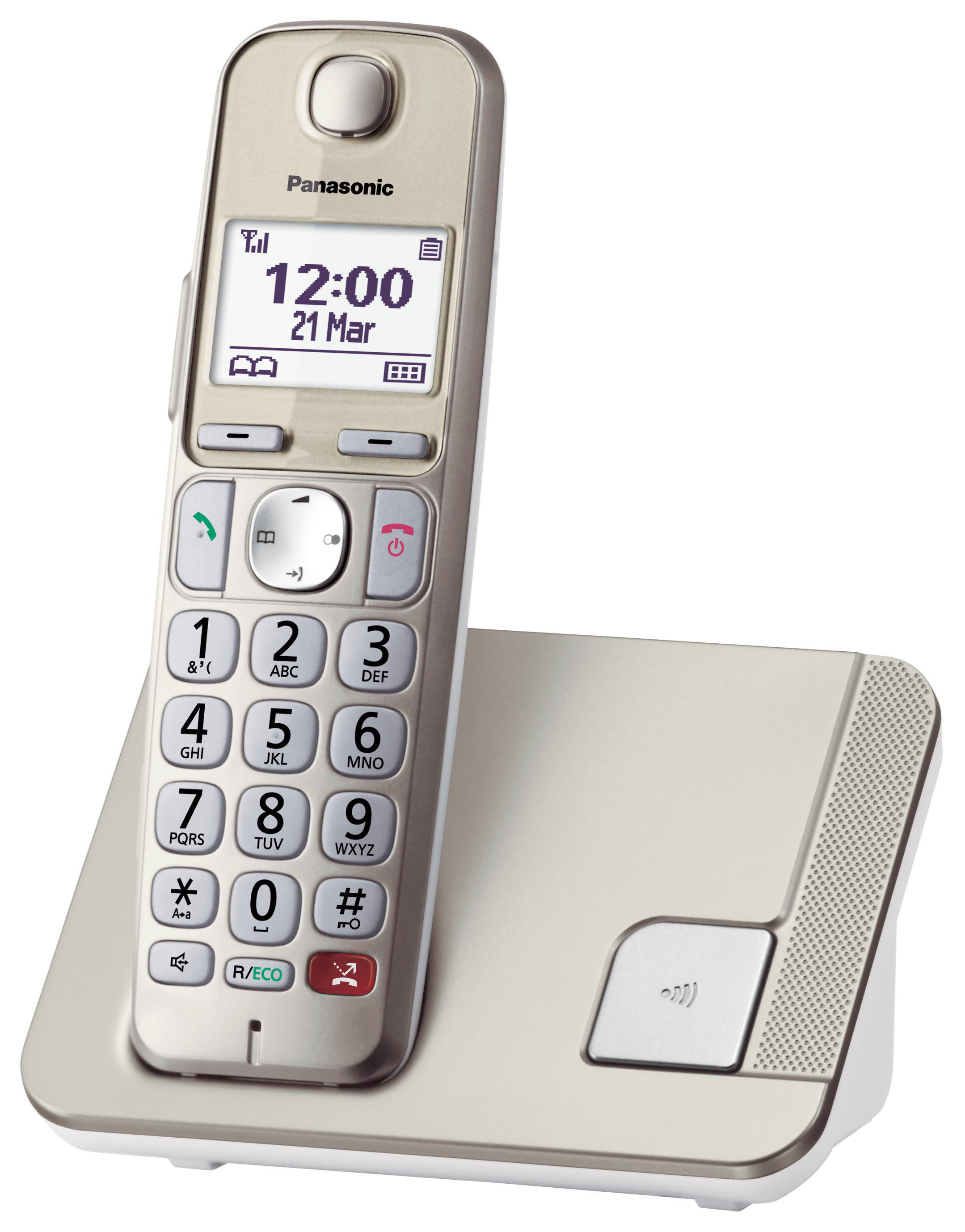 Schnurloses Telefon auf der Basis. Der Bildschirm zeigt Uhrzeit und Datum. Silber und Weiß.