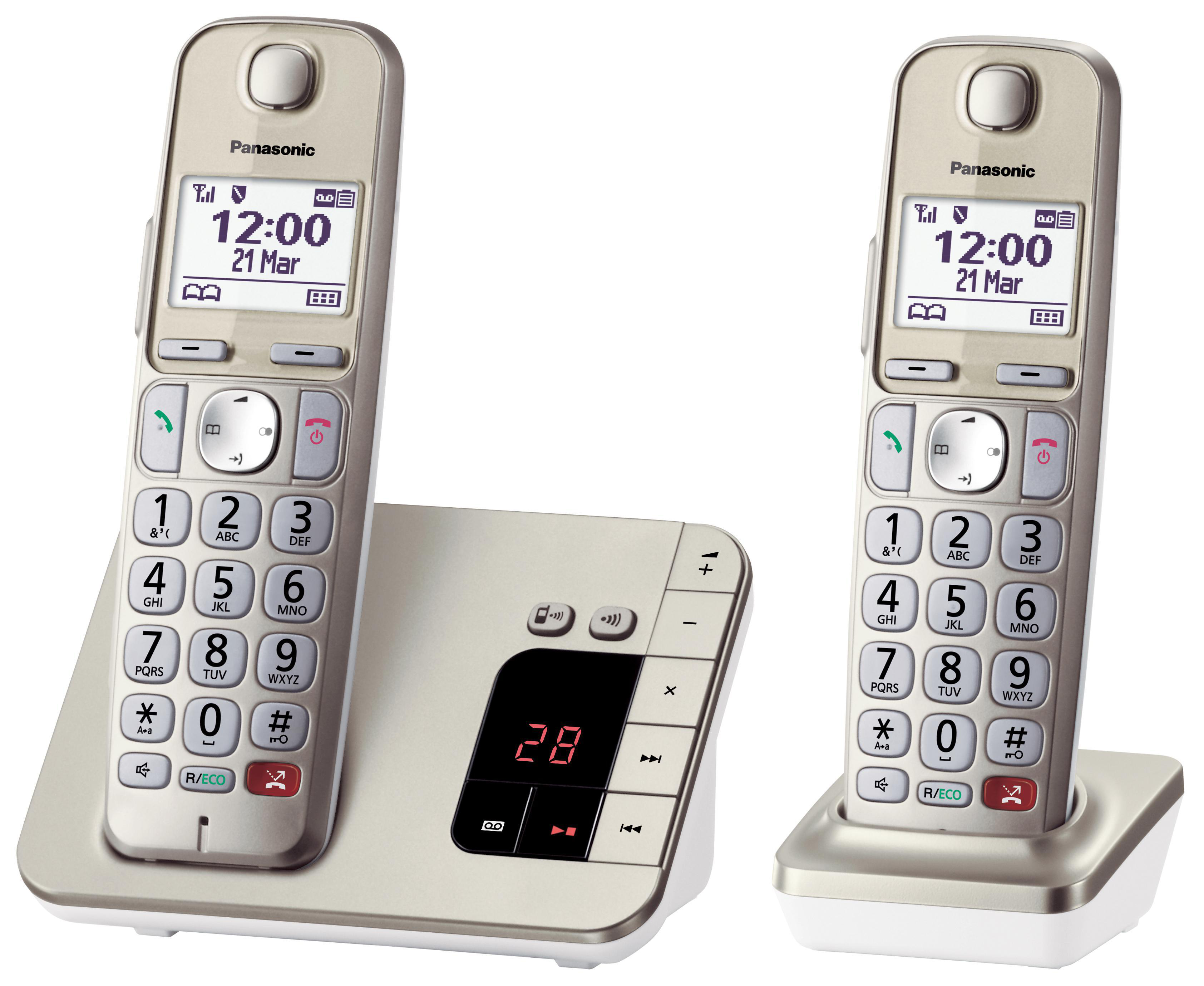 Zwei schnurlose Telefone und eine Basisstation in Silber, mit Anzeige von Uhrzeit und Datum.