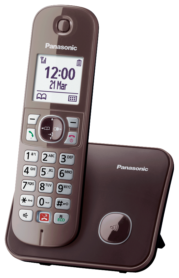 Braunes schnurloses Telefon auf einer Basis, das Zeit und Datum anzeigt.