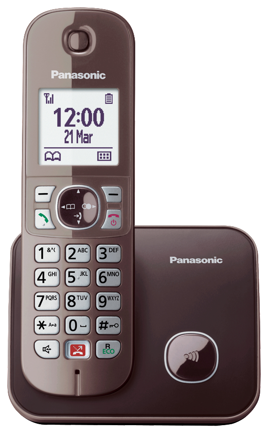 Ein schnurloses Telefon mit einer Basis, der Bildschirm zeigt Uhrzeit und Datum.