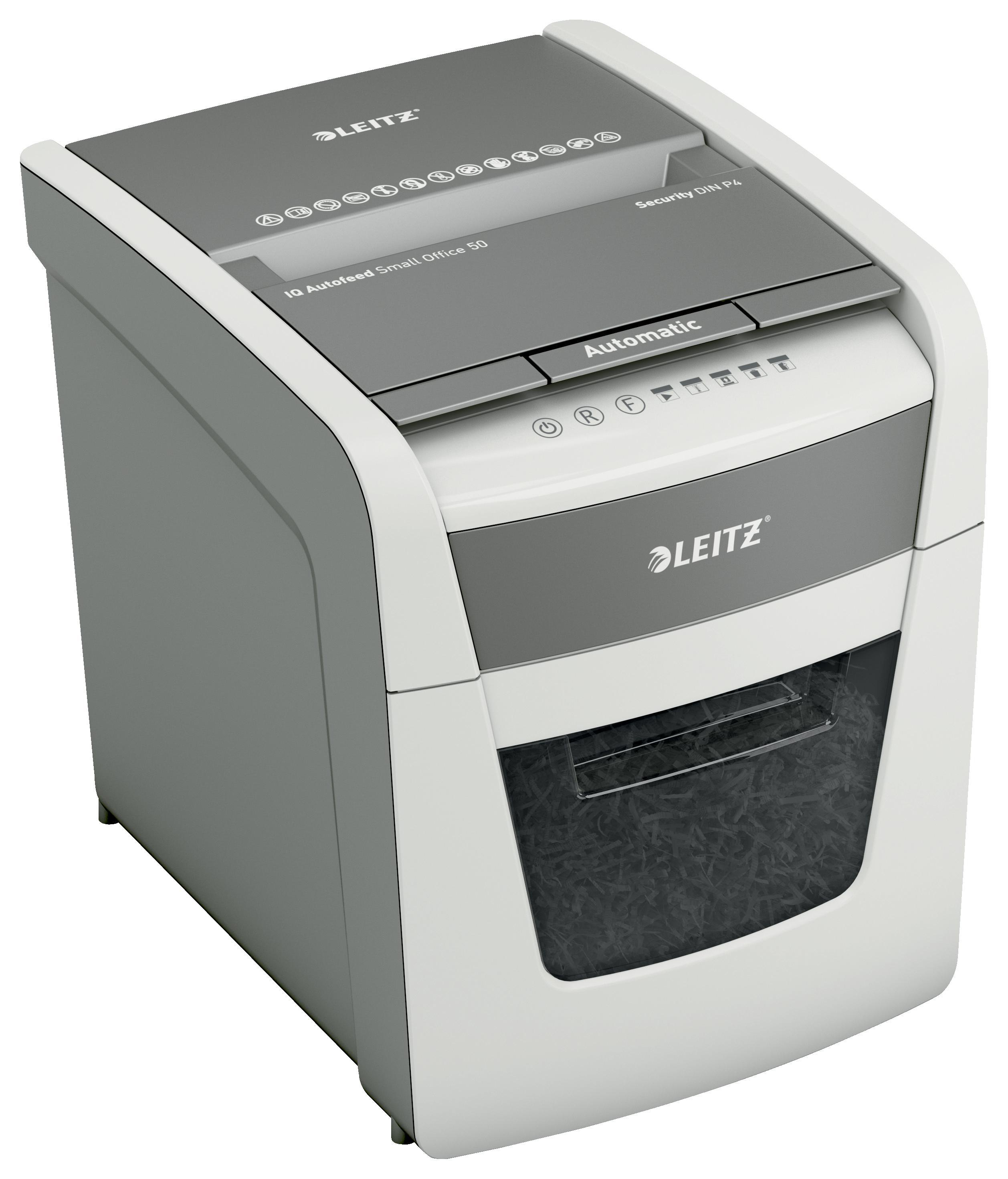 Weiß-grauer Aktenvernichter, Marke Leitz, Büro, Automatikbetrieb.