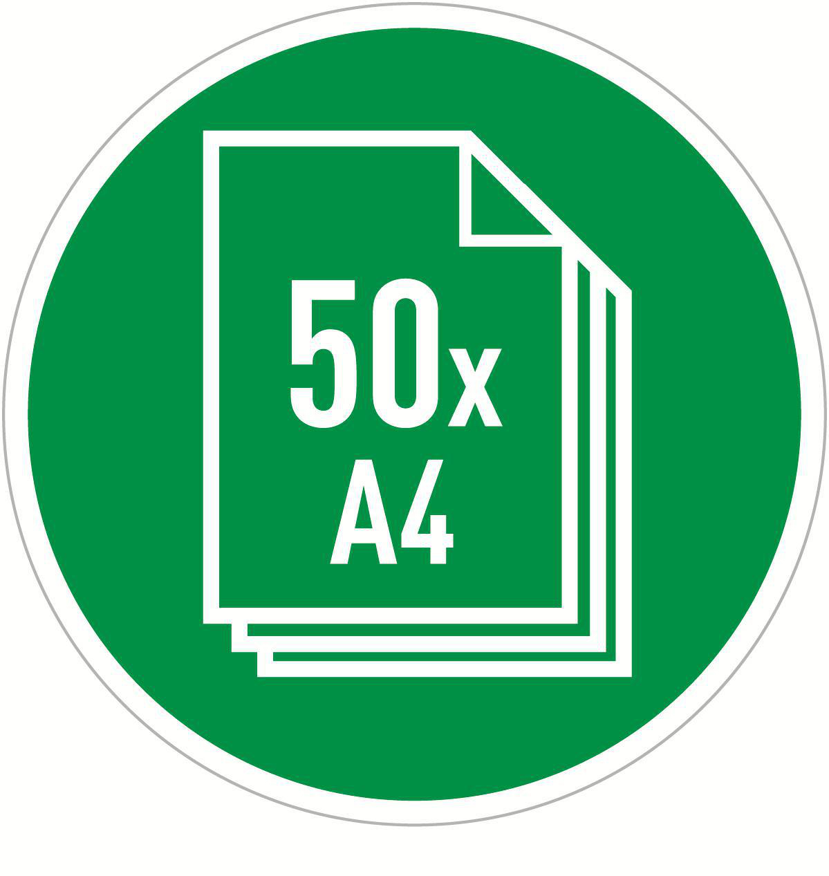 Ein grüner Kreis mit einem weißen Papierstapel und Text. 50x A4.