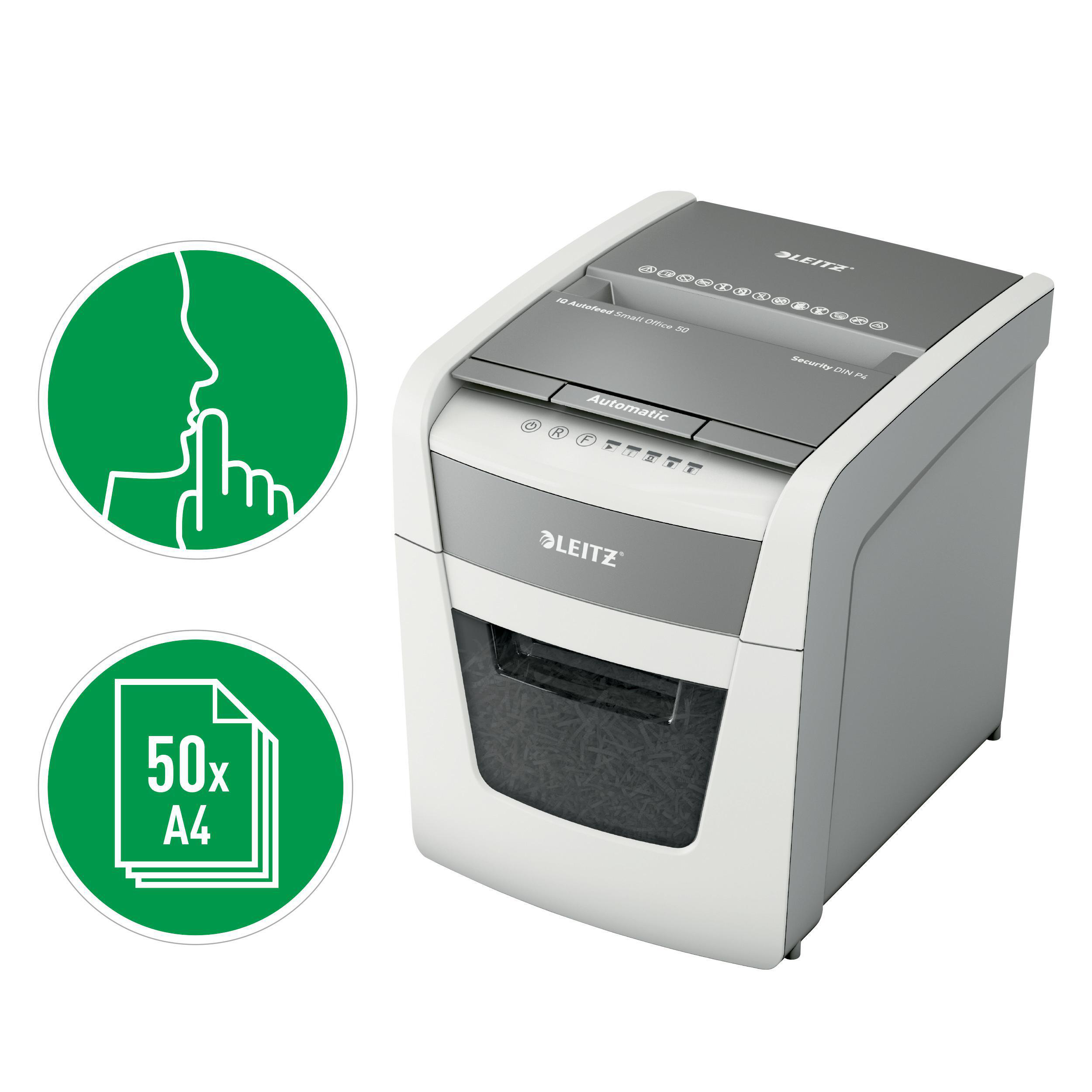 Ein Leitz-Aktenvernichter mit grünem Icon. Der Text '50x A4' ist sichtbar.