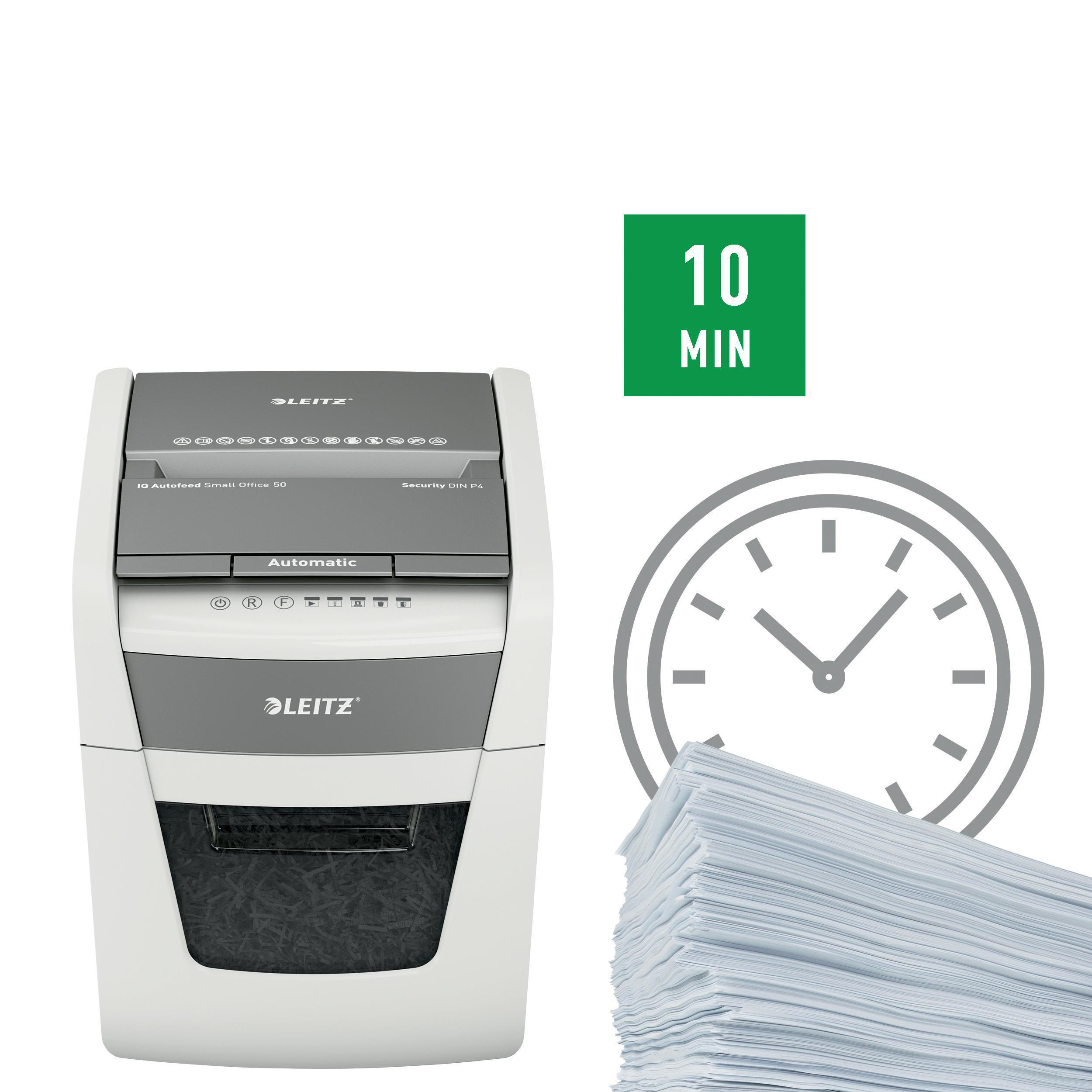 Aktenvernichter mit Uhr und Papierstapel, grüner Text.