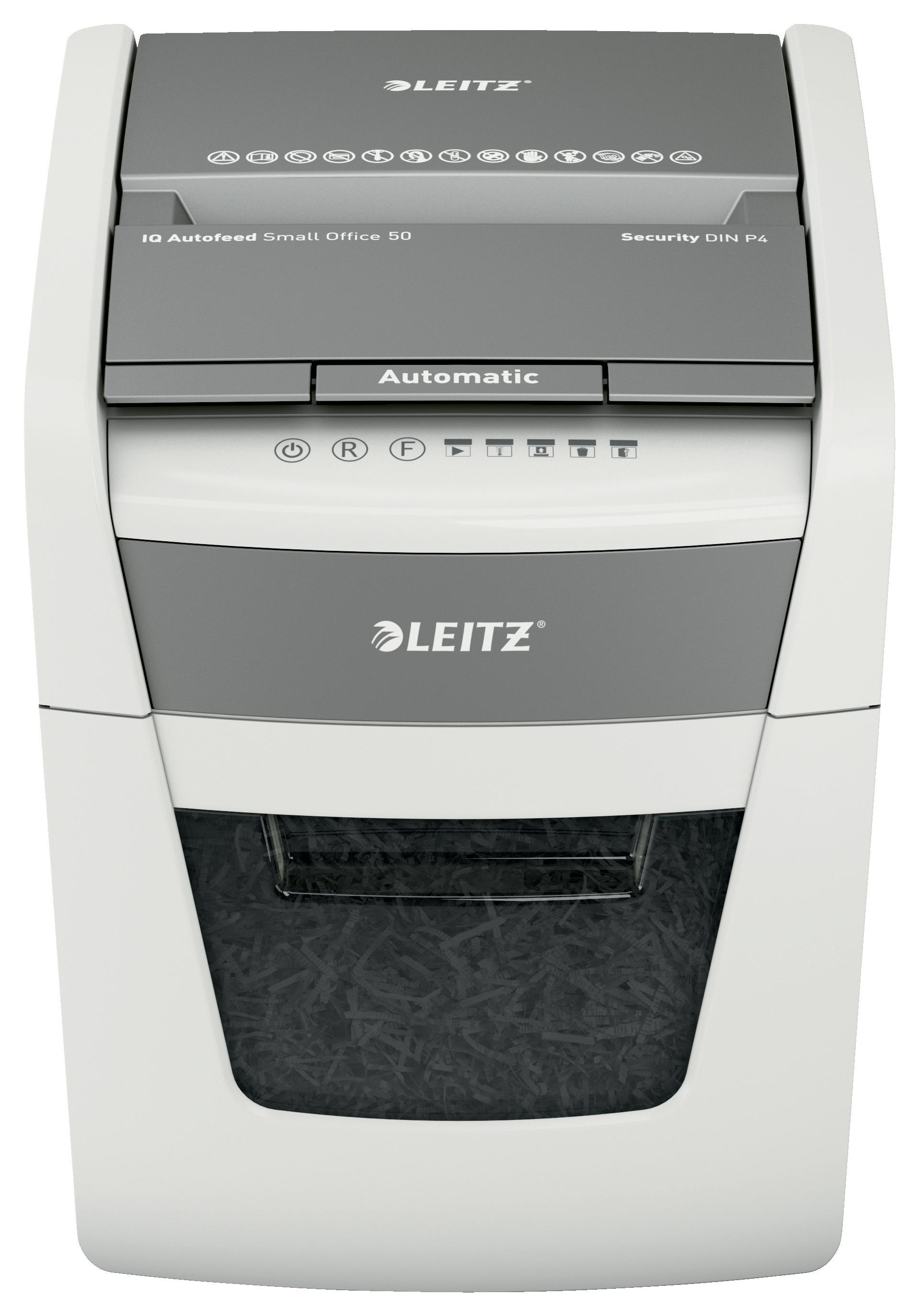 Weiß-grauer Aktenvernichter, schwarze Tonne. Leitz-Logo auf der Vorderseite.