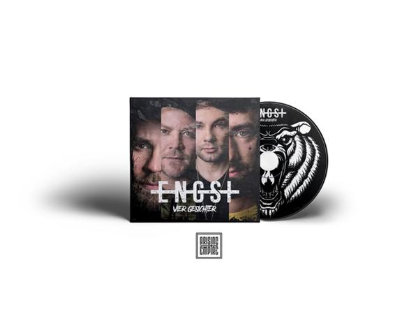 Albumcover: Vier Gesichter, ein Bärenlogo und der Text: ENGST+ VIER GESCHICHTEN.