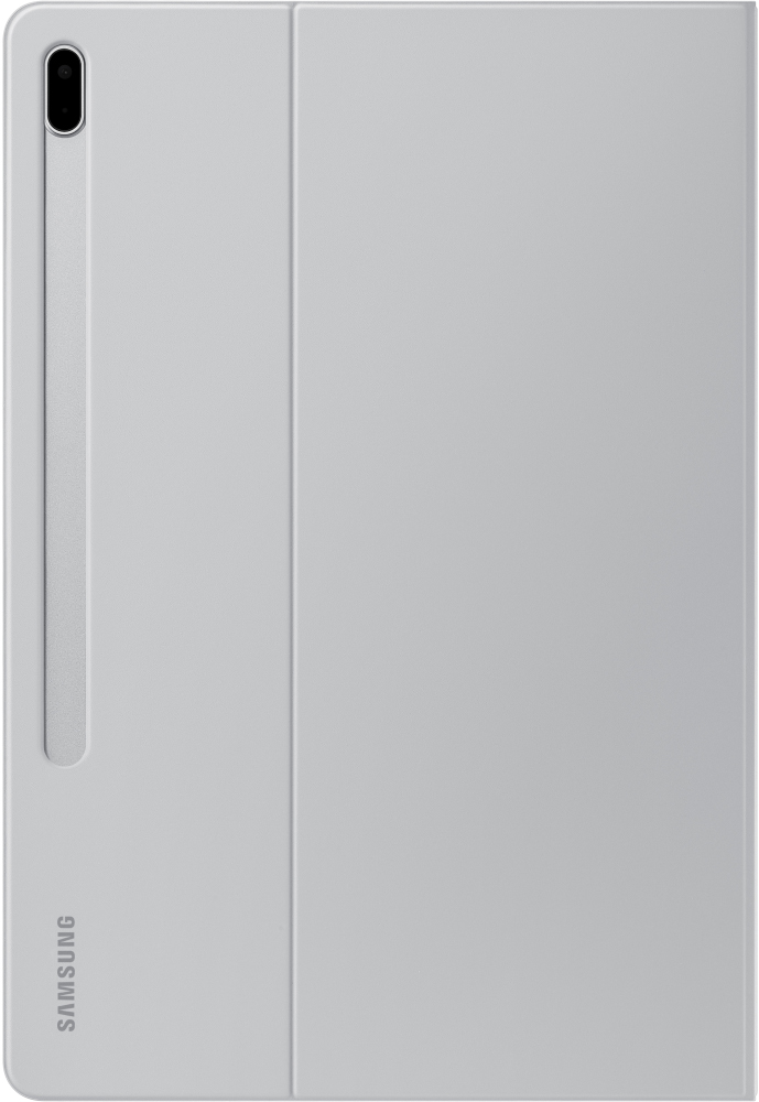 Étui de tablette gris clair, fermé et affichant le logo Samsung.