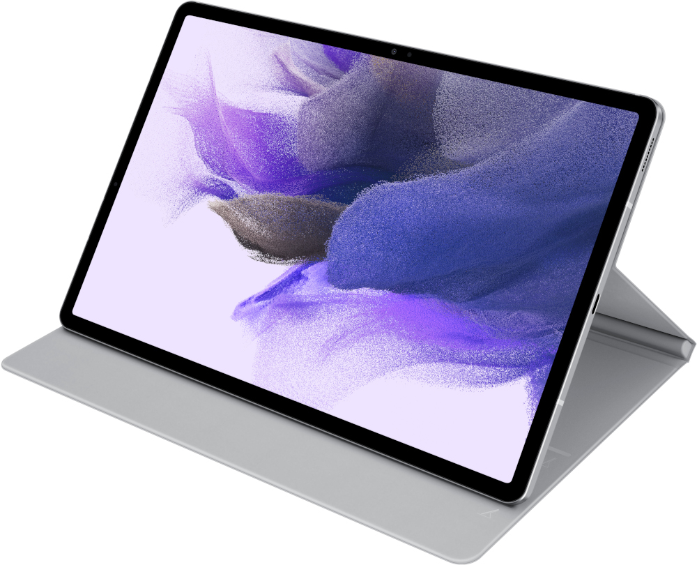 Une tablette argentée avec un cadre noir, ouverte sur un support gris clair. L'écran affiche une image abstraite violette.