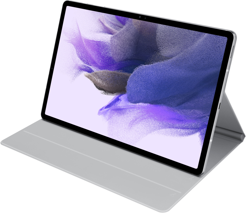 Une tablette avec une housse de clavier, l'écran affiche une image violette.