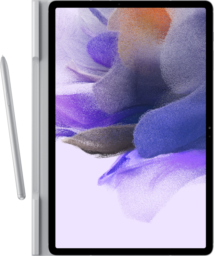 Tablette argentée avec un stylet sur fond blanc.