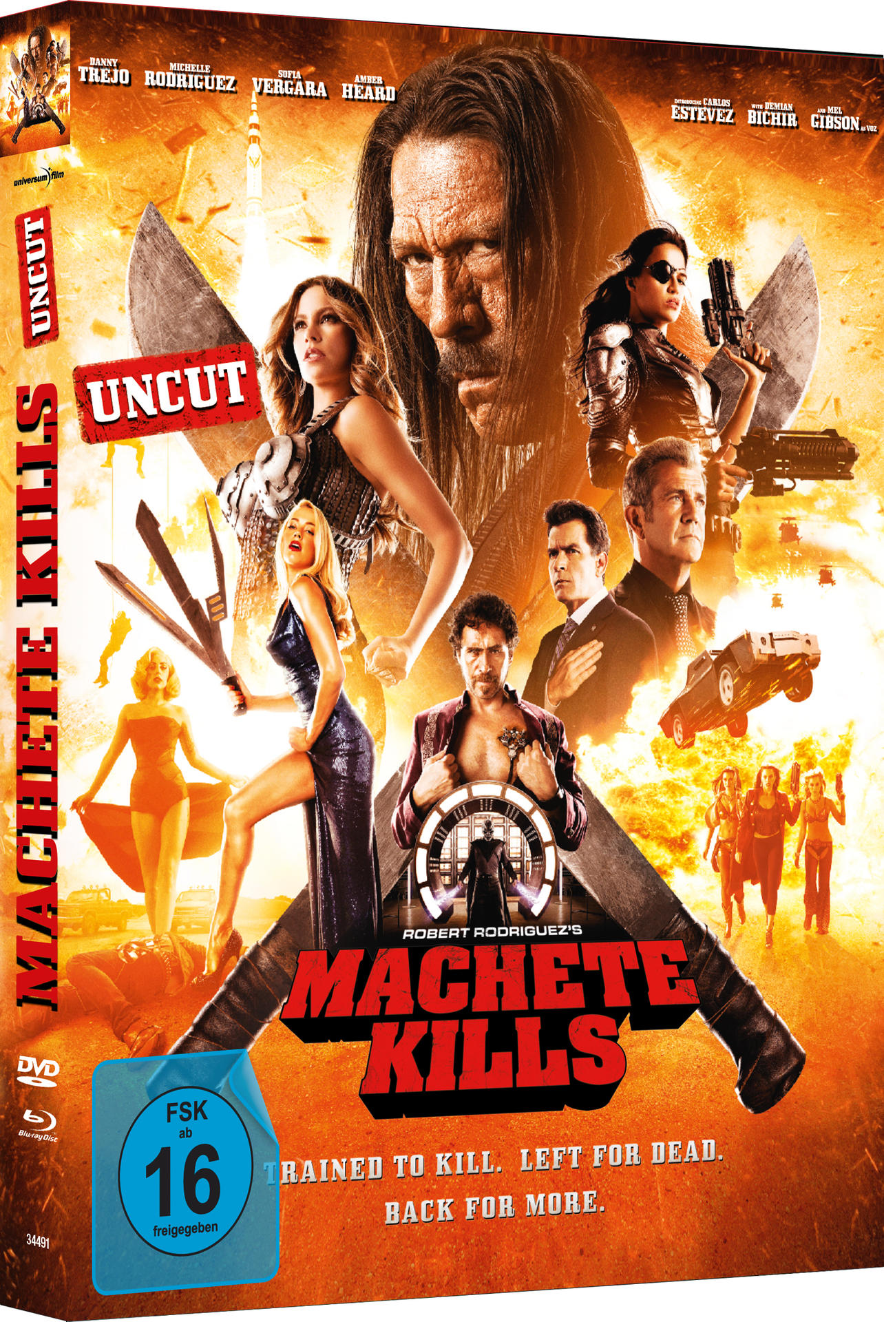Ein DVD-Cover mit mehreren Schauspielern und dem Filmtitel. Es zeigt einen Mann mit zwei Messern.