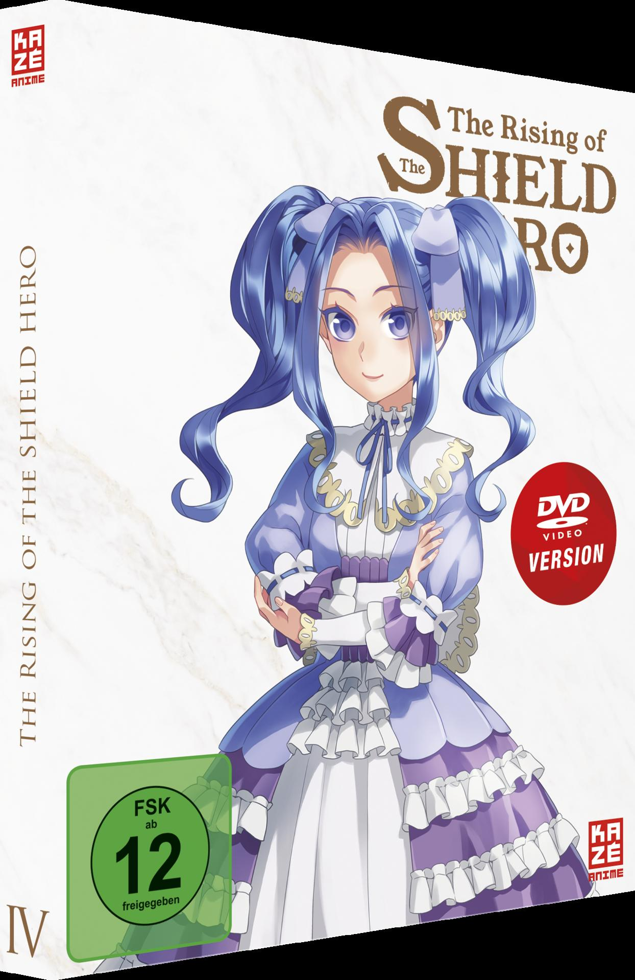 DVD-Cover von 'The Rising of the Shield Hero' Anime. Ein Mädchen mit blauen Haaren steht auf dem Cover.