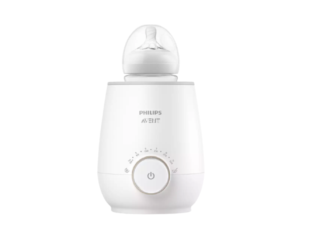 Calentador de biberones blanco con biberón. Marca Philips Avent. Fondo negro.