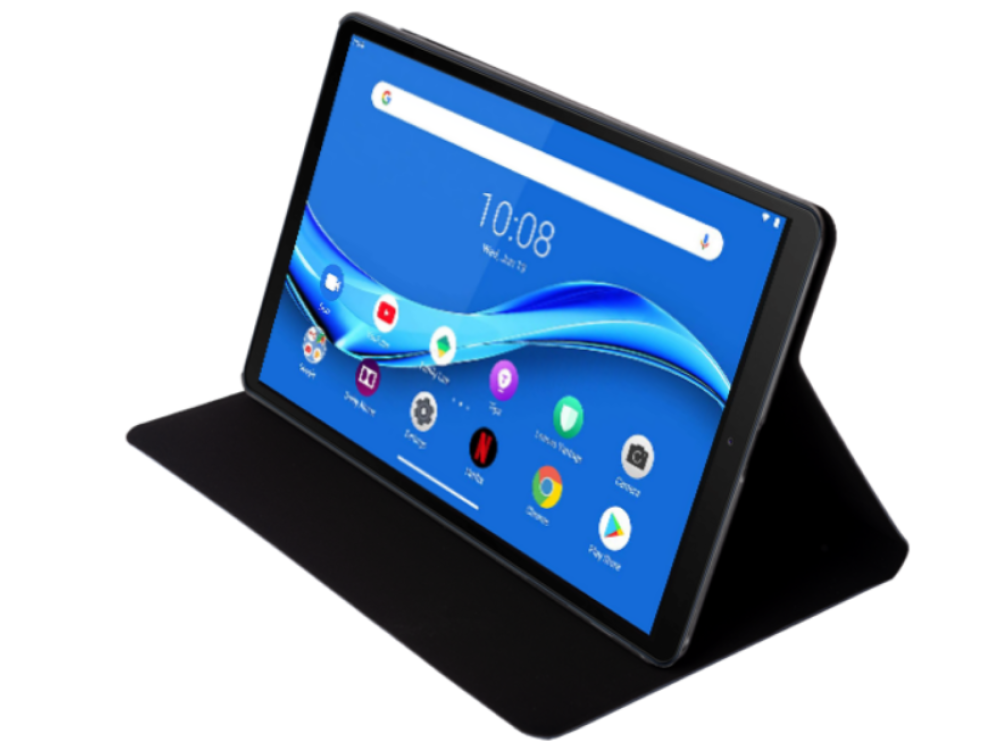 Una tableta que muestra una pantalla con fondo azul e iconos de aplicaciones, dentro de una funda negra.