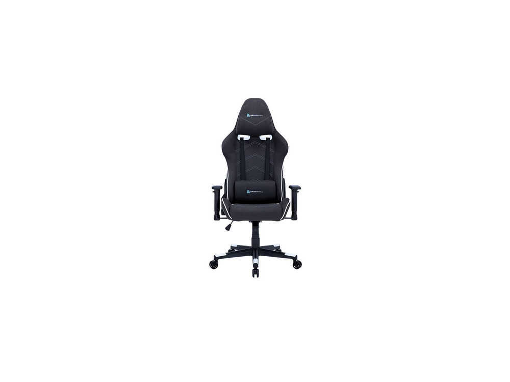 Una silla gaming en blanco y negro. La silla está sobre un fondo blanco.