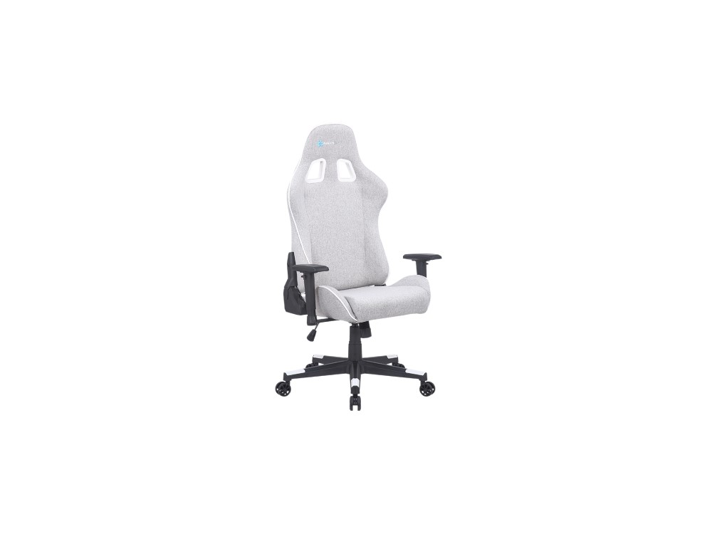 Silla gaming, tela gris, reposabrazos y base negros, fondo blanco.