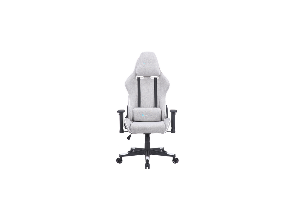 Silla gaming, gris claro con detalles blancos. La silla tiene reposacabezas y respaldo.