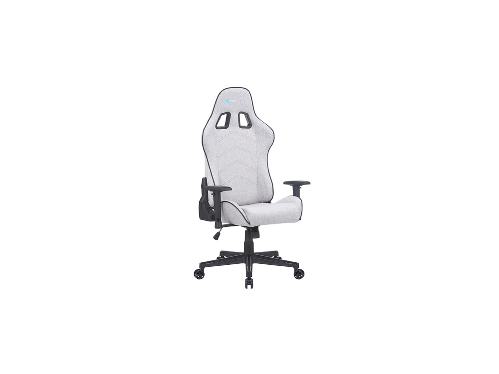 Silla gaming gris con reposabrazos y base negros. La silla está sobre fondo blanco.