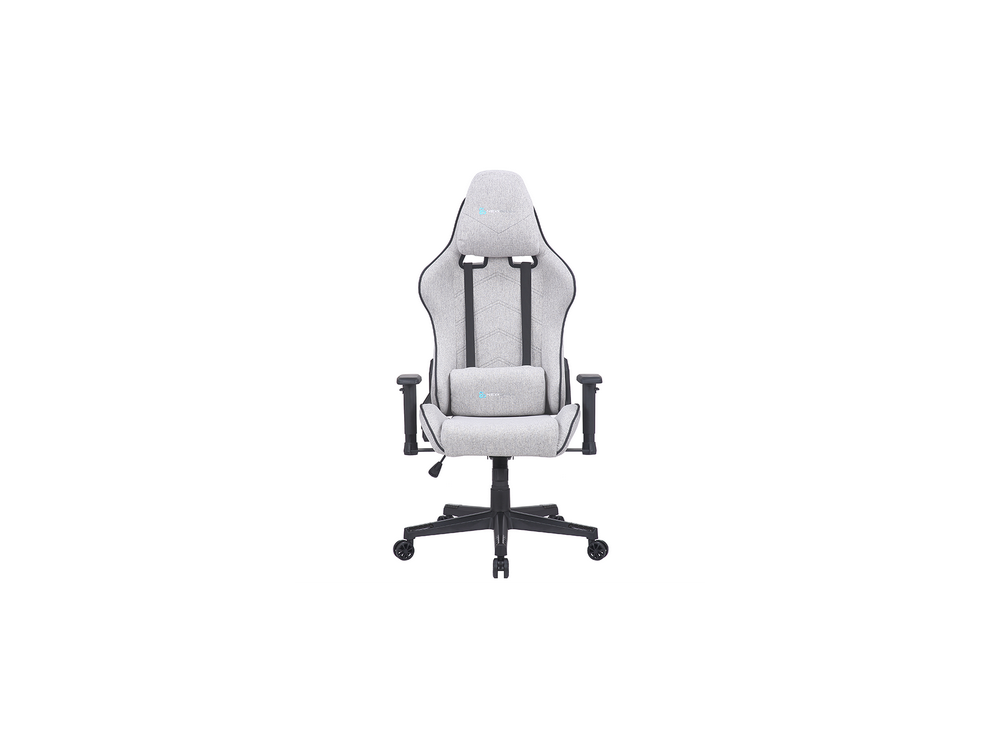 Silla gaming gris con reposacabezas, soporte lumbar y base negra.