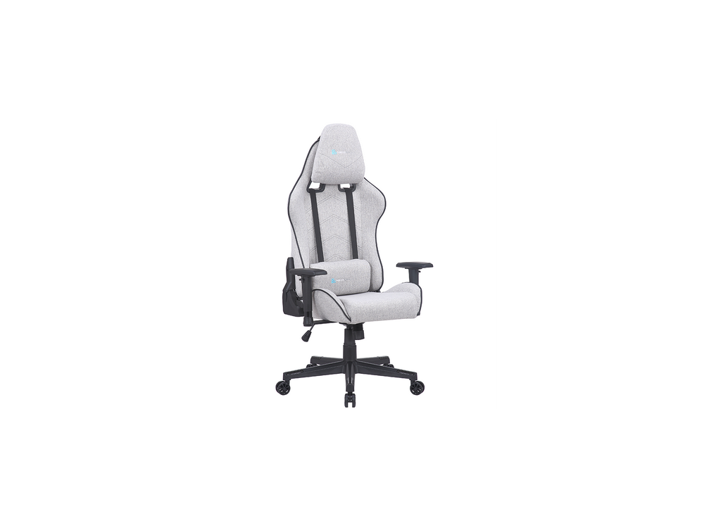 Silla para juegos, gris con detalles en negro, sobre fondo blanco.
