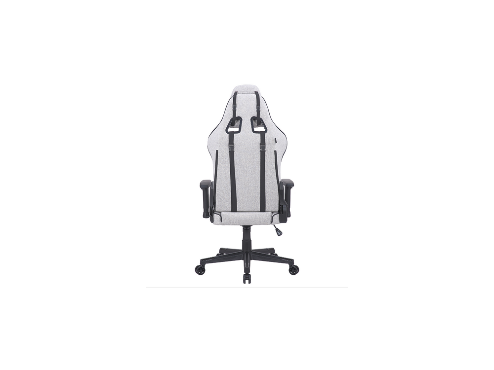 Vista trasera de silla gaming gris, detalles negros, sobre fondo blanco.