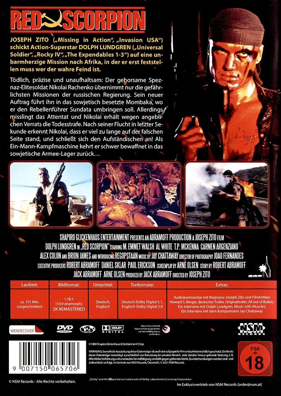 DVD-Hülle für den Film 'Red Scorpion'. Bild eines Mannes mit Waffe, Text auf Deutsch.