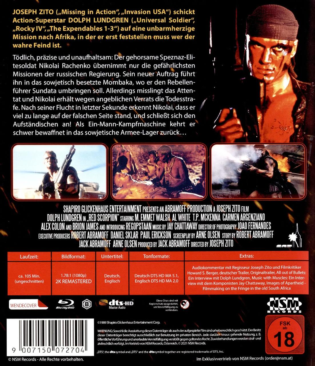 DVD-Hülle für "Red Scorpion" mit Dolph Lundgren. Text und Bilder. Dunkler Hintergrund.