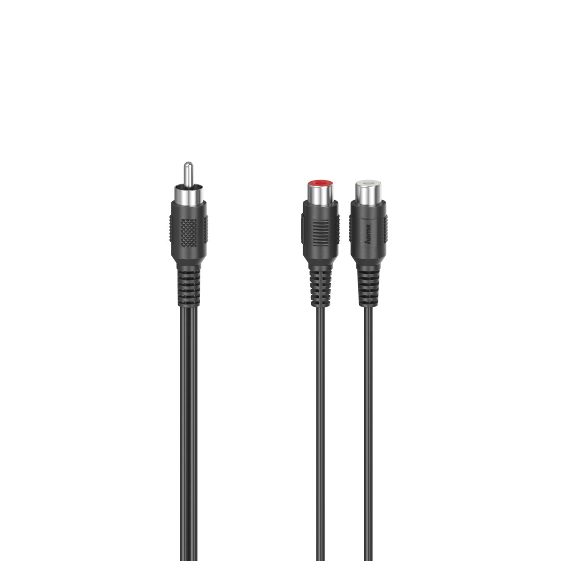 Drei schwarze Audiokabel mit verschiedenen Anschlüssen: ein Stecker und zwei Cinch-Anschlüsse.
