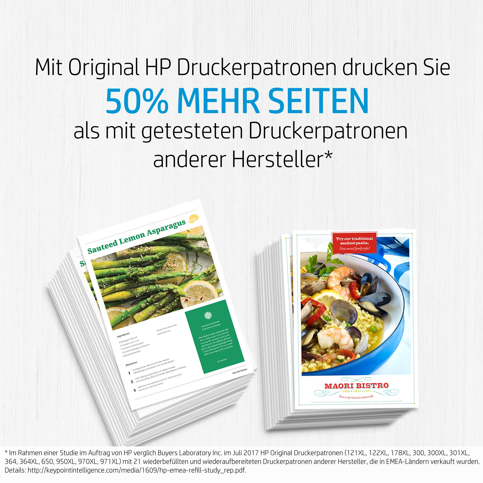 Zwei Stapel bedruckter Seiten, eine mit Spargel, die andere mit Meeresfrüchten, und Text über HP.