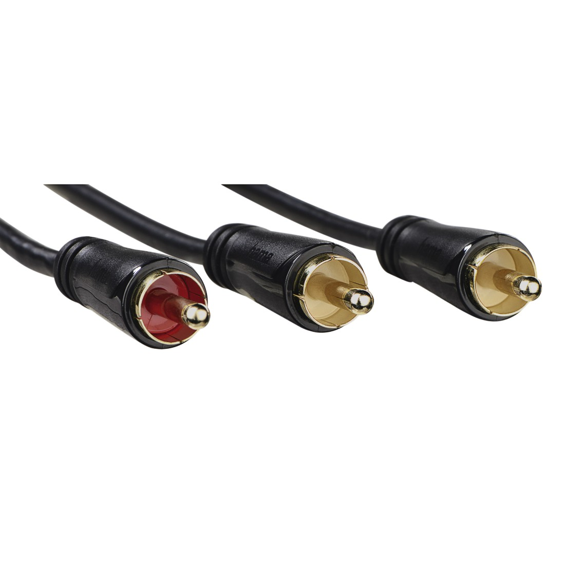 Drei Cinch-Audiokabel mit schwarzen Steckern und vergoldeten Spitzen auf weißem Hintergrund.