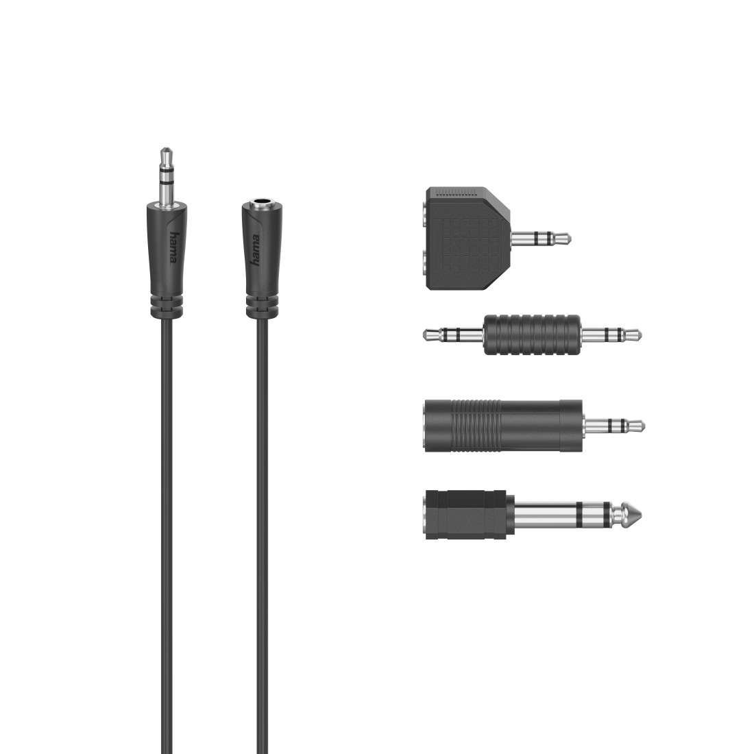 Audiokabel und Adapter. Ein 3,5-mm-auf-3,5-mm-Kabel, ein 3,5-mm-auf-Buchsen-Adapter und andere Adapter.