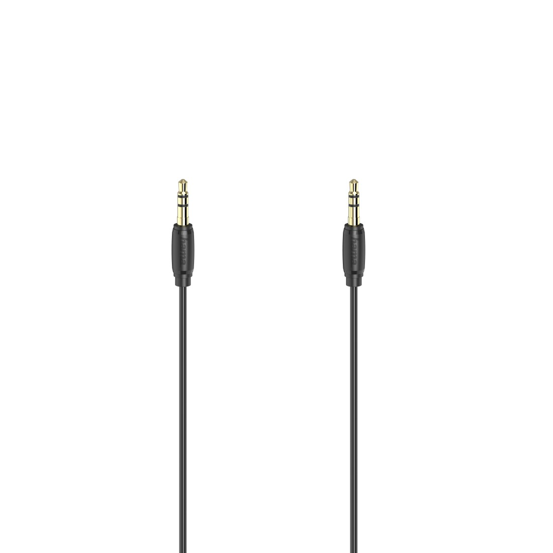 Zwei schwarze Audiokabel mit goldenen Steckern auf weißem Hintergrund.