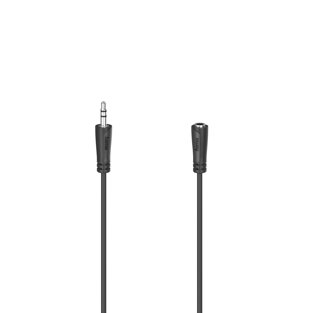 Schwarzes Audiokabel mit 3,5-mm-Klinke an einem Ende und 3,5-mm-Buchse am anderen Ende.