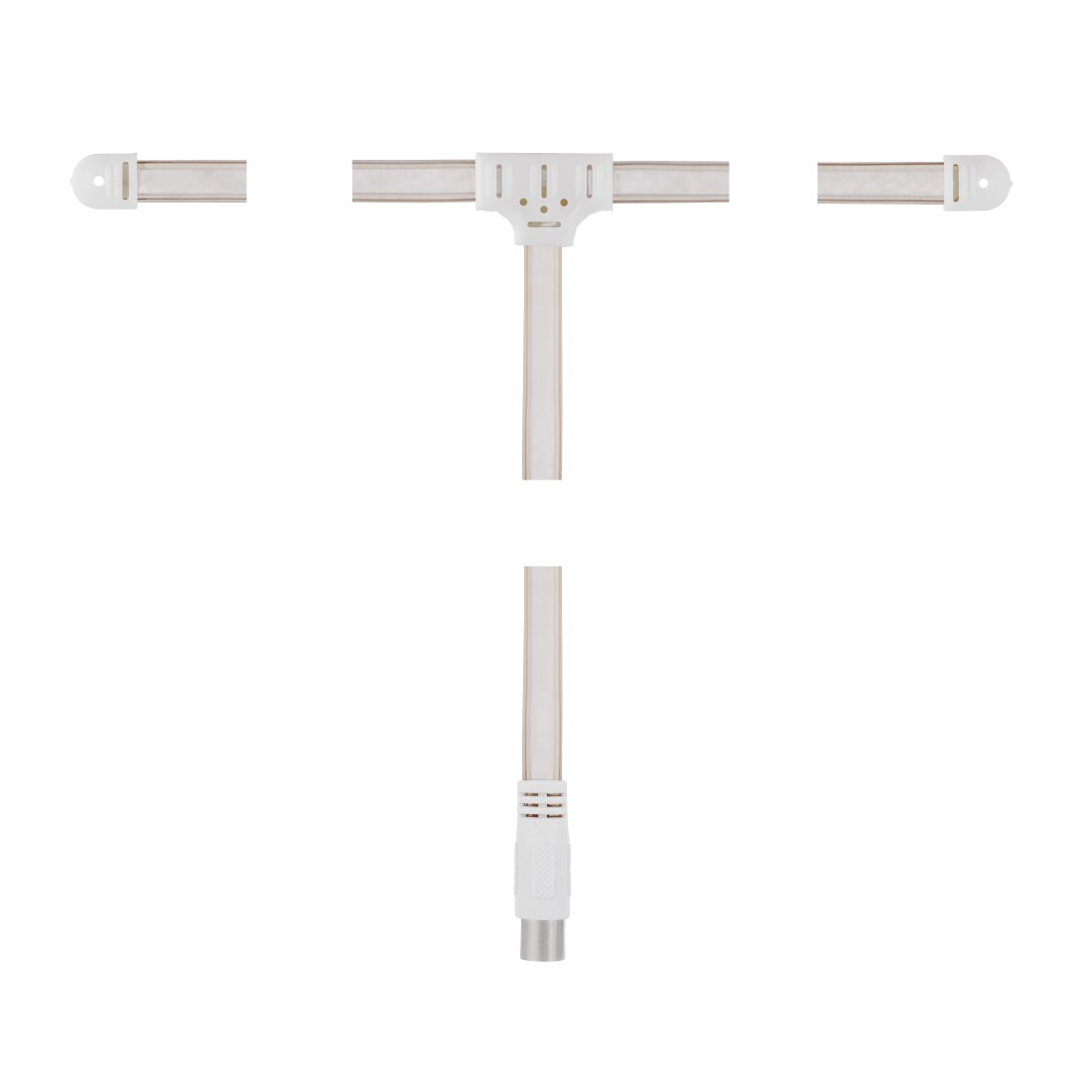 T-förmige Antenne mit Stecker und zwei Seitenteilen, alles freigestellt auf weißem Hintergrund.