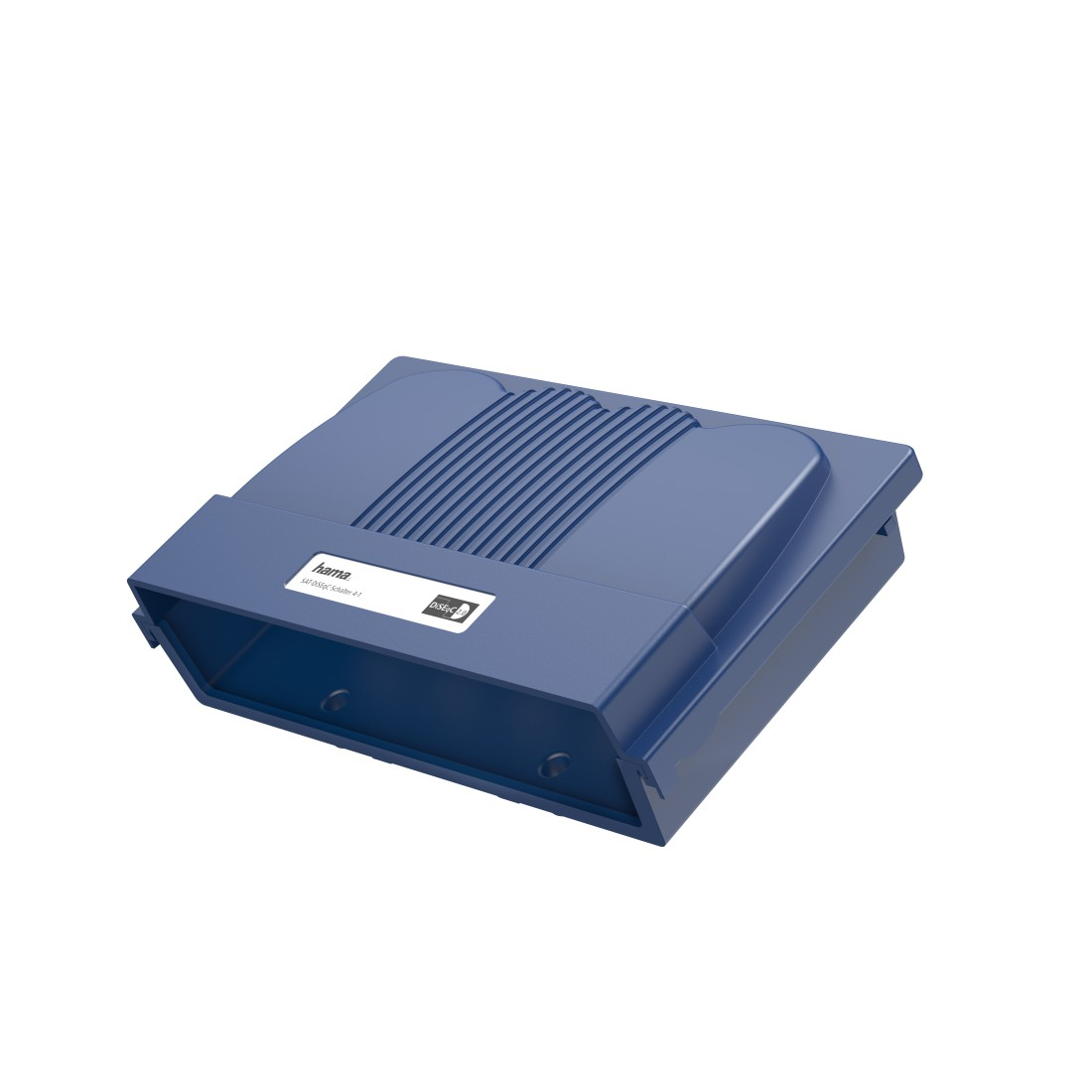 Blaue Plastikbox, Draufsicht, mit gerippter Oberfläche.