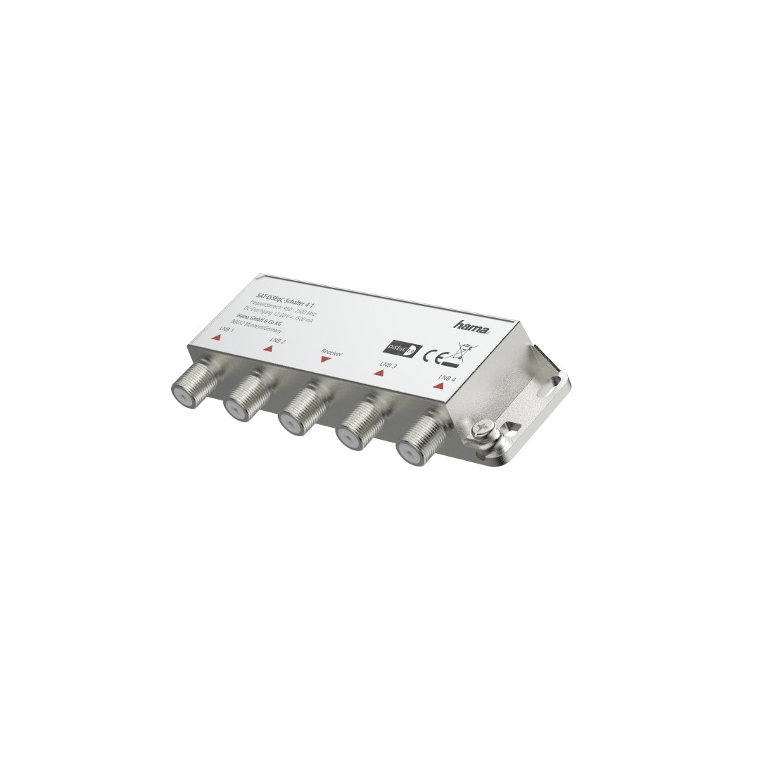 Silberner Hama-Satellitensplitter mit fünf Empfängereingängen und Text.