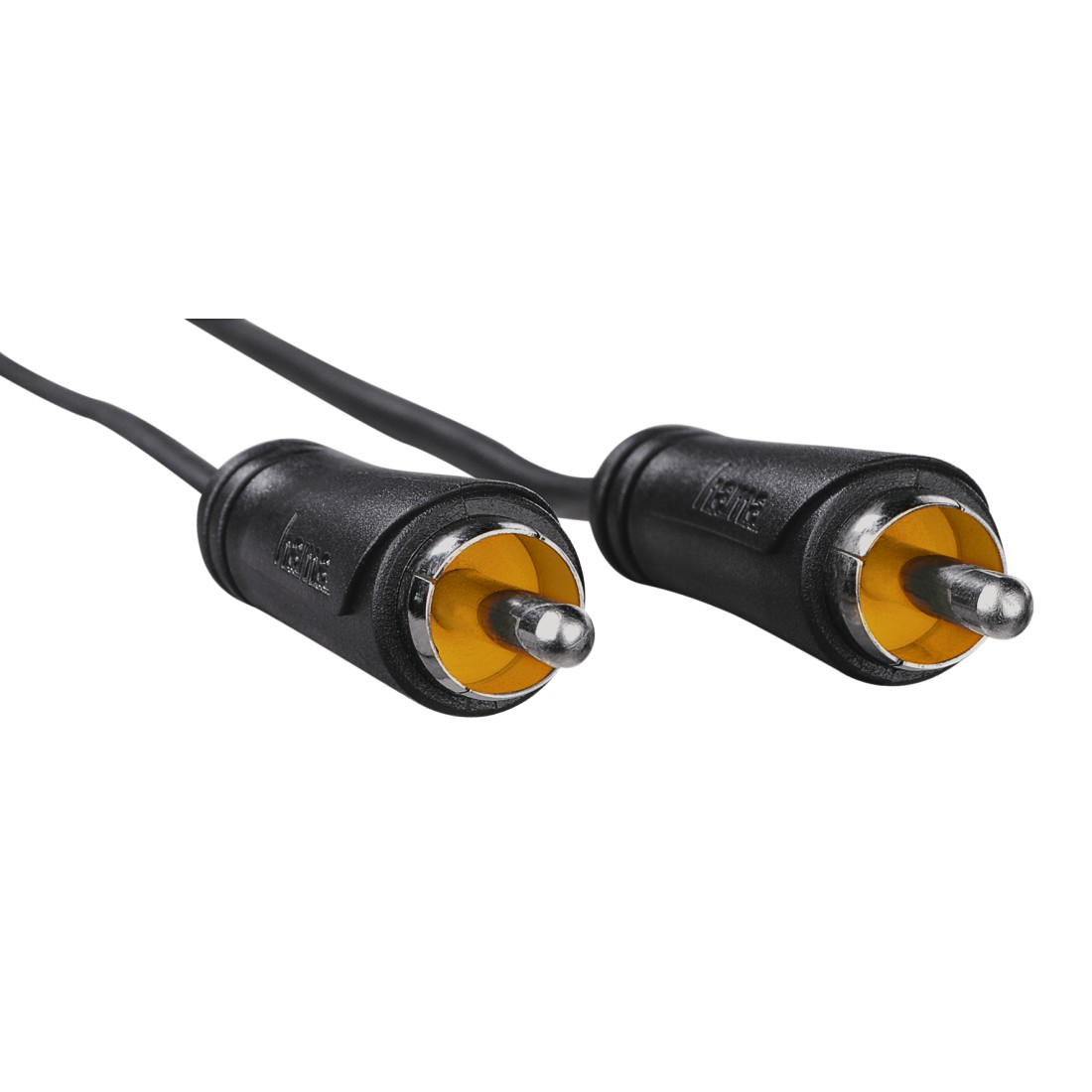 Zwei schwarze Cinch-Kabel mit goldfarbenen Steckern auf weißem Hintergrund.