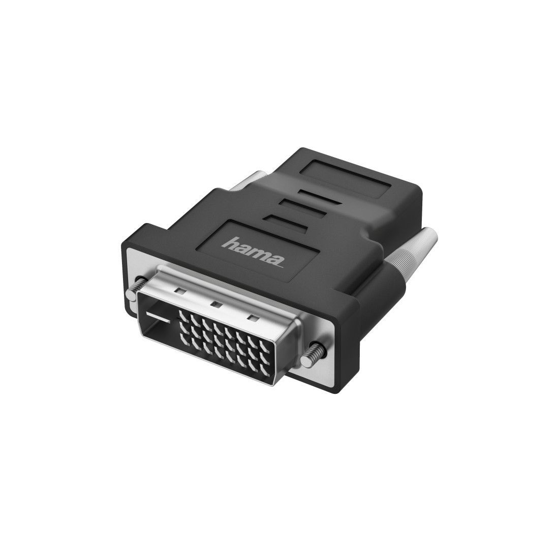 DVI-Adapter: ein schwarzer Adapter mit einem DVI-Anschluss auf einer Seite, "hama"-Logo.