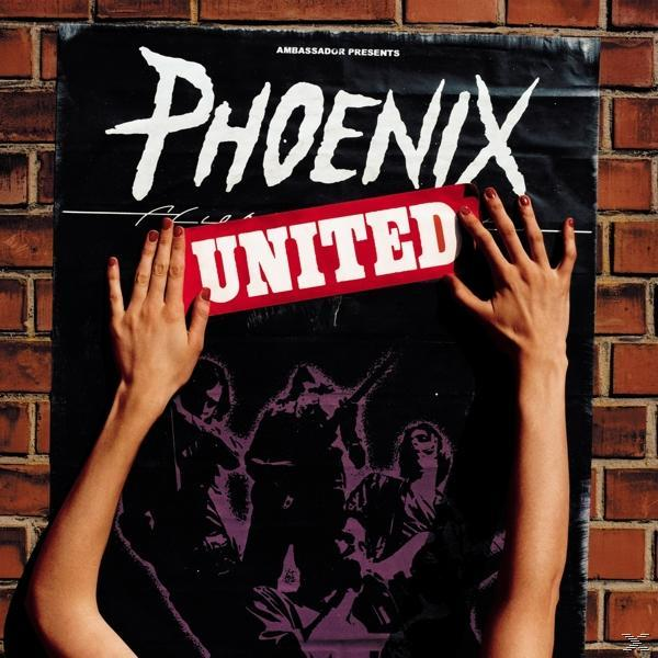 Phoenix United plakát piros szalaggal, melyet kezek rögzítenek.