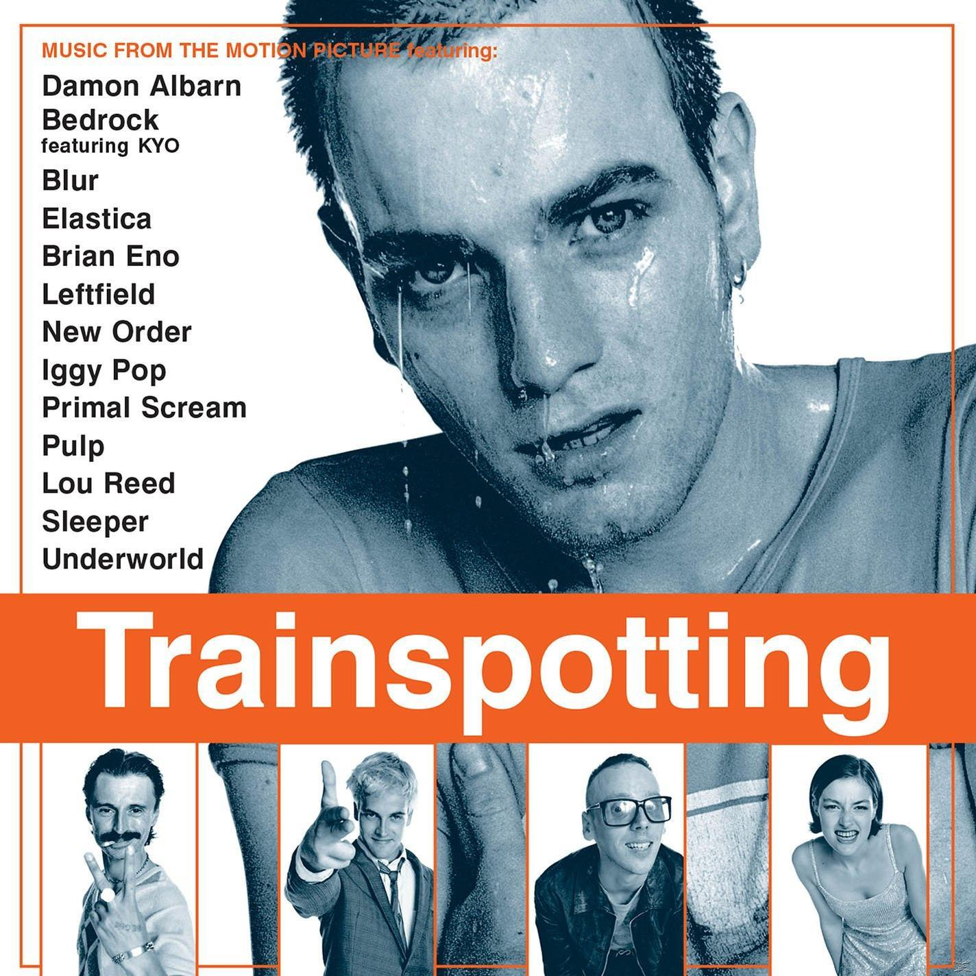 Trainspotting filmzene borító Ewan McGregorral és zenekari tagokkal.