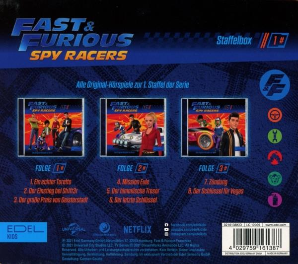 Box-Set von Fast & Furious Spy Racers DVDs. Die Box-Art zeigt drei DVD-Cover mit Cartoon-Charakteren.